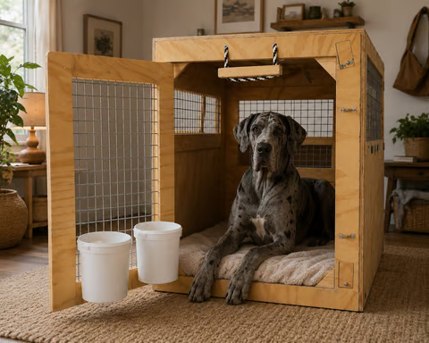 Large grey dog sitting in a wooden travel crate with white water buckets — large-dog travel and crate preparation