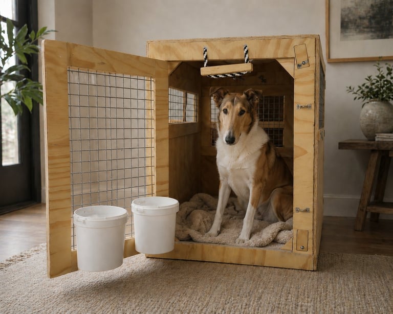 Dog sitting inside a wooden crate with open door, white food and water bowls positioned outside in a modern living room
