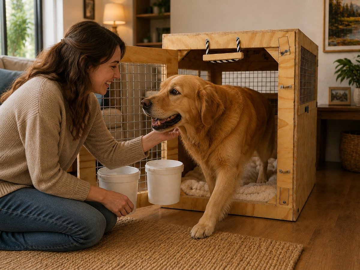 Woman petting a golden retriever inside a wooden dog crate with food bowls in an indoor home setting.