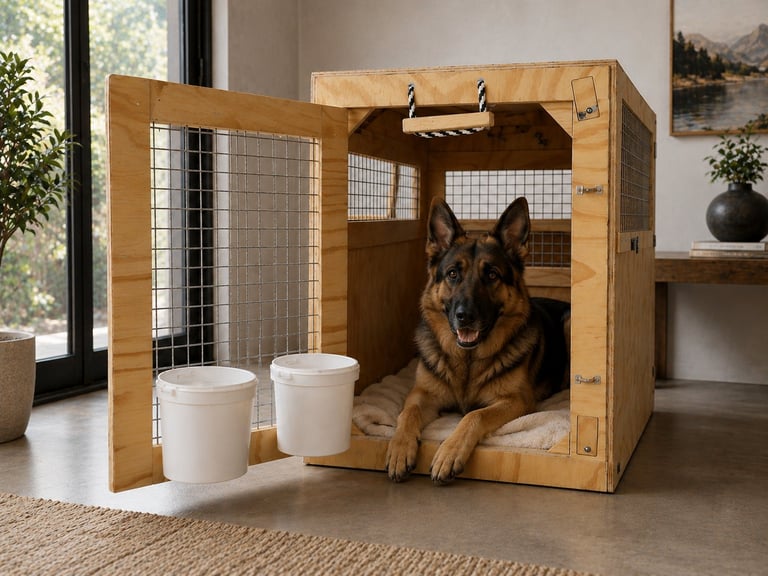 German Shepherd dog sitting inside a wooden crate with open door and white water bowls beside it in modern interior