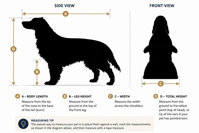 Dog measurement guide showing side and front silhouettes with labeled dimensions for body length, leg height, width, and total height.