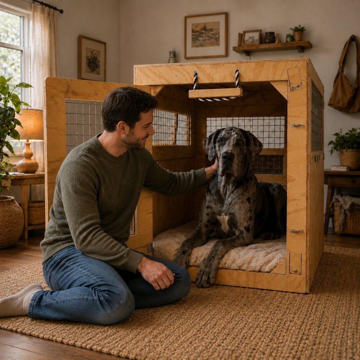Man kneeling beside wooden dog crate, petting a gray dog inside in a warmly lit home interior