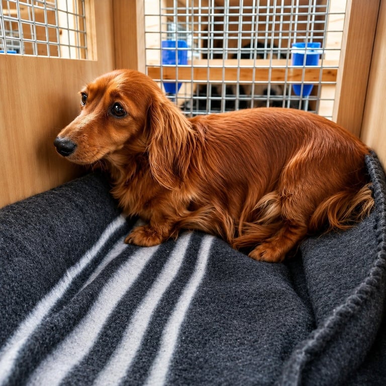 Golden-brown long-haired dachshund resting on a striped gray blanket in a wooden crate