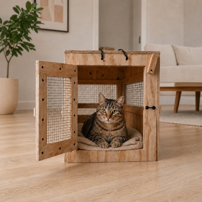 Tabby cat sitting inside a wooden portable pet carrier with mesh panels in a modern home interior