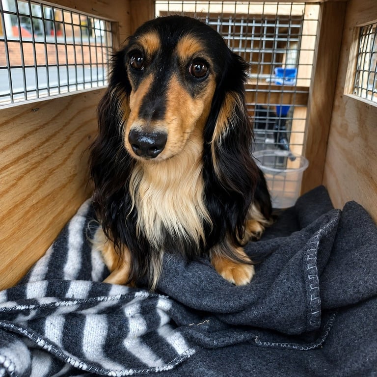 Black and tan long-haired dog sitting on blankets inside a kennel, looking at camera