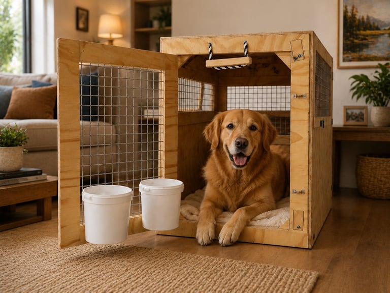 Golden Retriever in a wooden dog crate with food and water bowls in a home living room setting